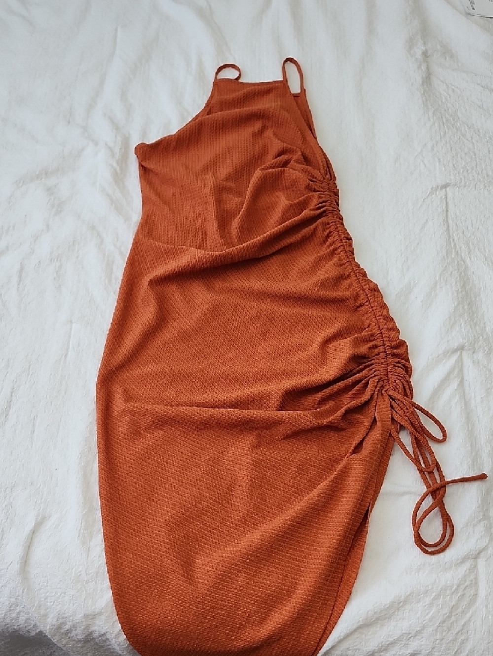Derek Heart Copper Asymmetrical Ruched Midi Dress - Picture 6 of 7